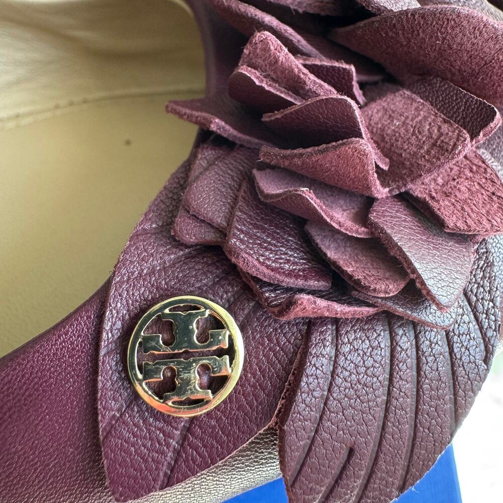 Tory Burch Blossom Flower Scrunch Ballet Flats Burgundy Leather Port Size 7 - Picture 9 of 12
